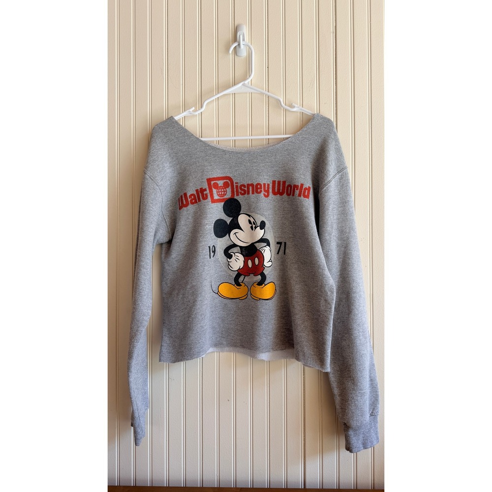 Walt‎ Disney World Mickey Mouse 1971 Gray Cropped Raw Hem Sweatshirt Womens